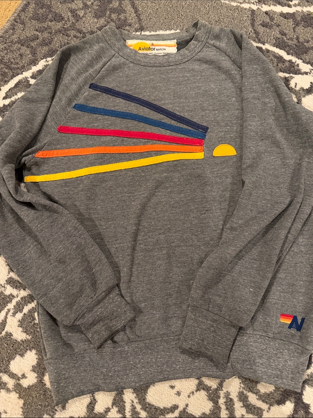 Aviator Nation Gray Crewneck with Rainbow Stripe Sunburst